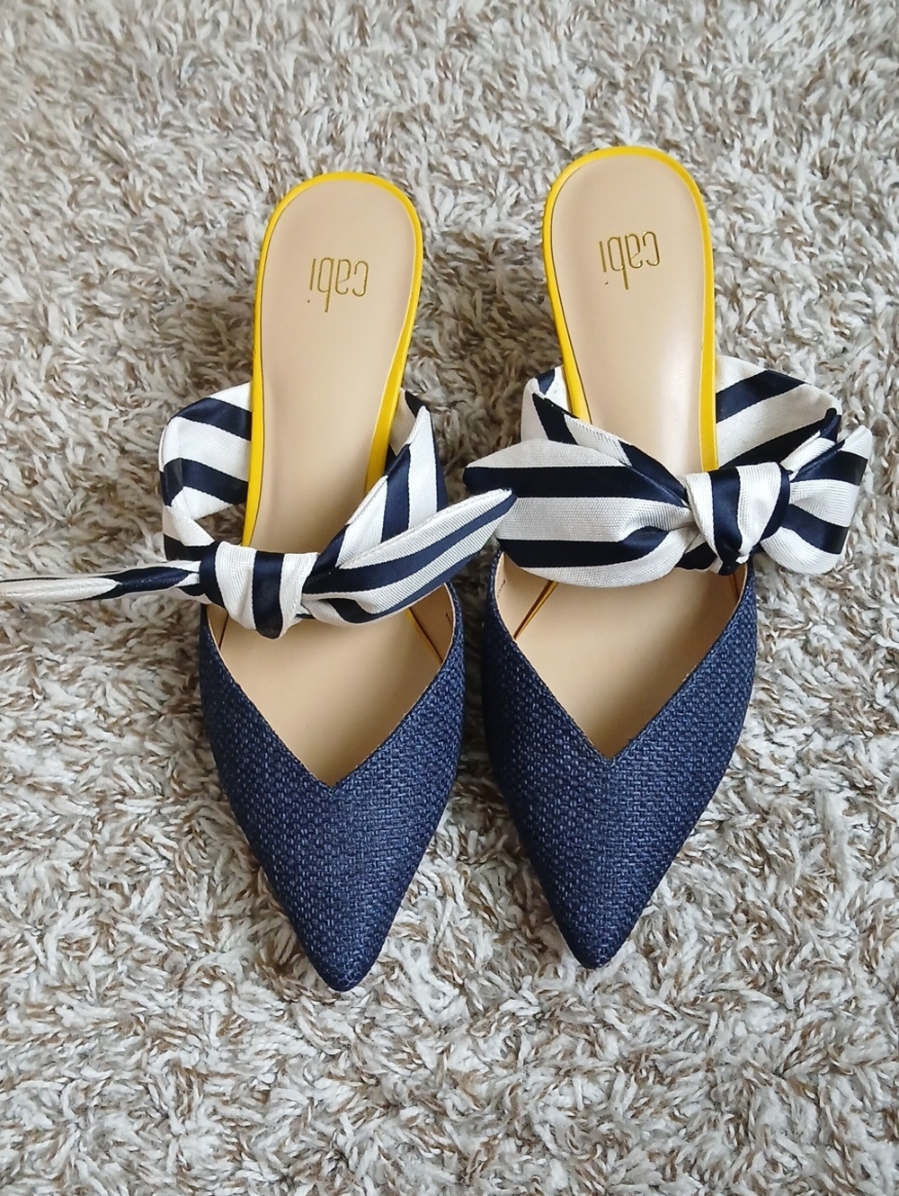 Cabi Navy Pointed Toe Slip-On Kitten Heel Mules with Striped Bow Size US 8